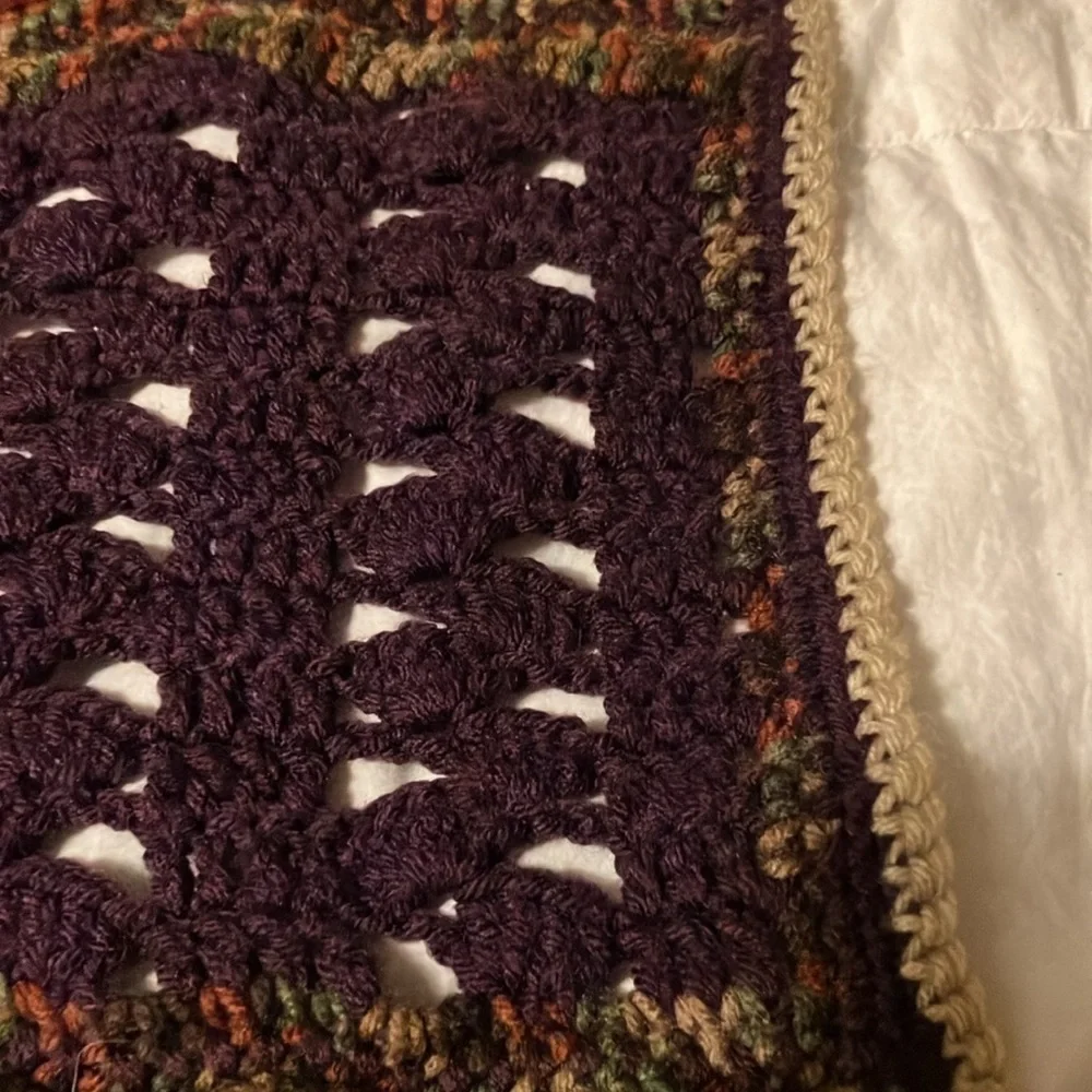 Handmade knit and crochet granny square wool  afghan 58” square